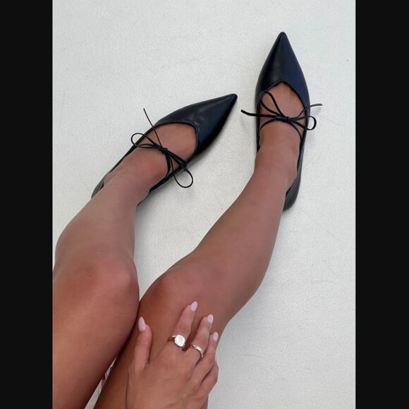 Princess Polly Billini Haruna Black Ballet Faux Leather Bow Pointed Flats 7 - Picture 1 of 7